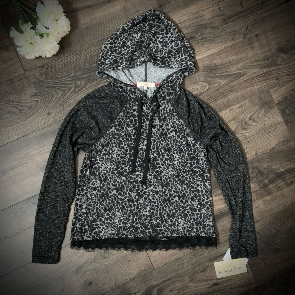 NWT Rewind leopard hoodie lace trim gray small